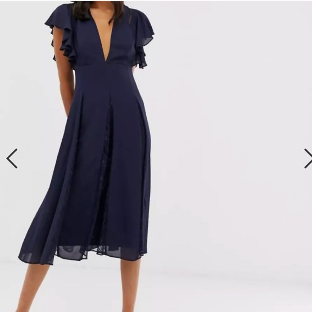 ASOS Navy Lace Midi Dress with Flutter Sleeves, Size 10